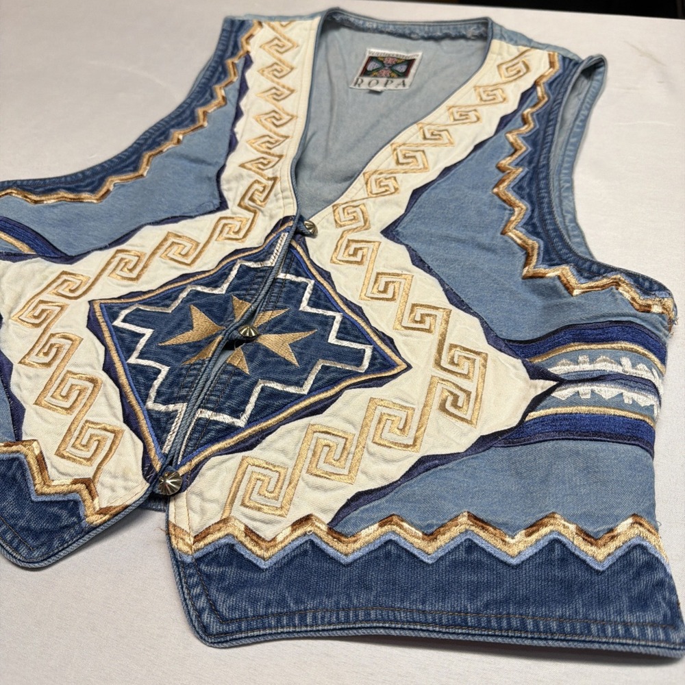 Vintage Hairston Roberson ROPA Medium Denim Vest Embroidered Western Boho USA